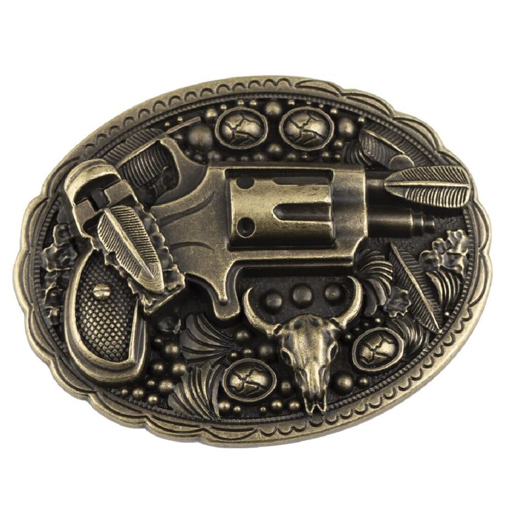 2711 Revolver Gun Buckle - Classic Pistol Bull Skull Cowboy Western Belt
